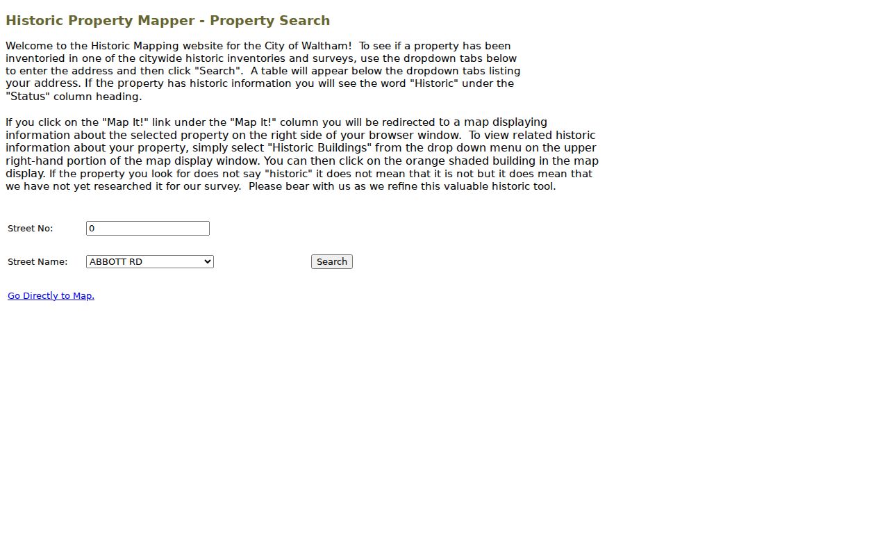 Waltham street directory Historic Property Mapper search